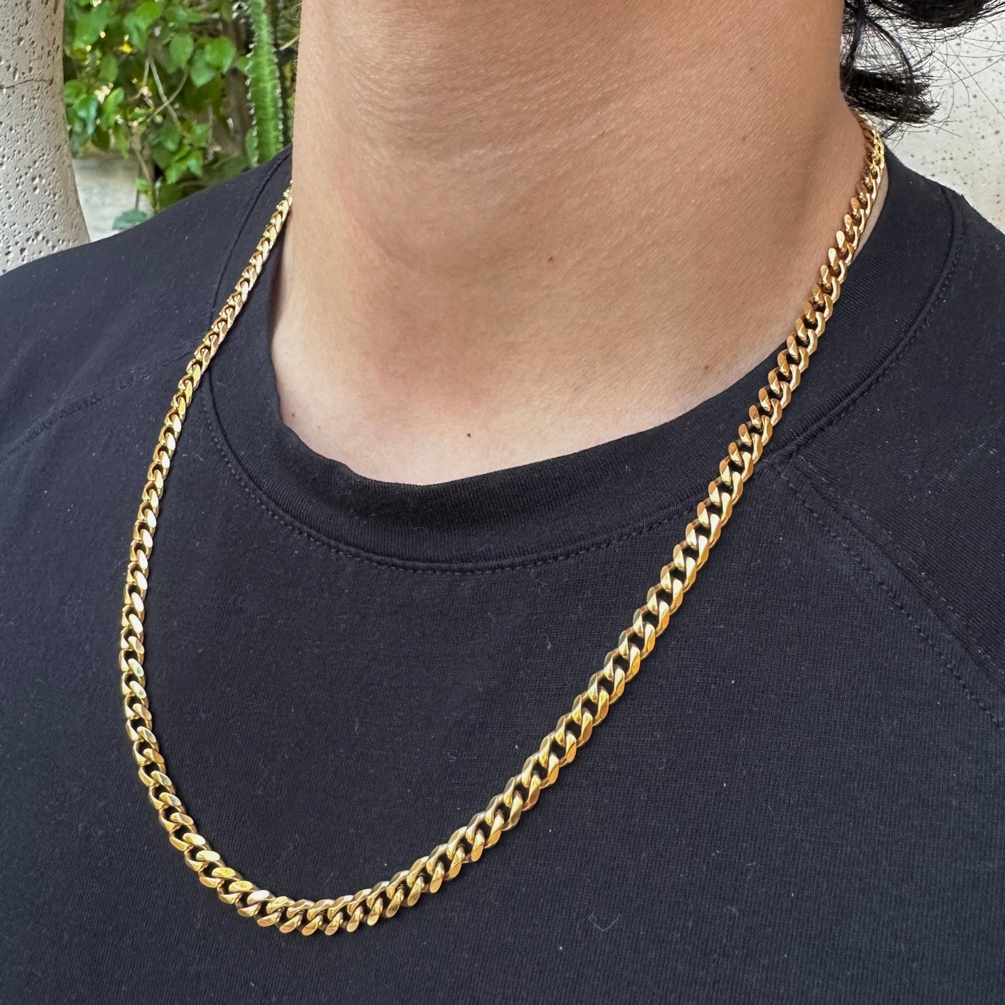 Mens 18k Gold Cuban Link Chain, 5mm Curb Chain, Steel Curb Link