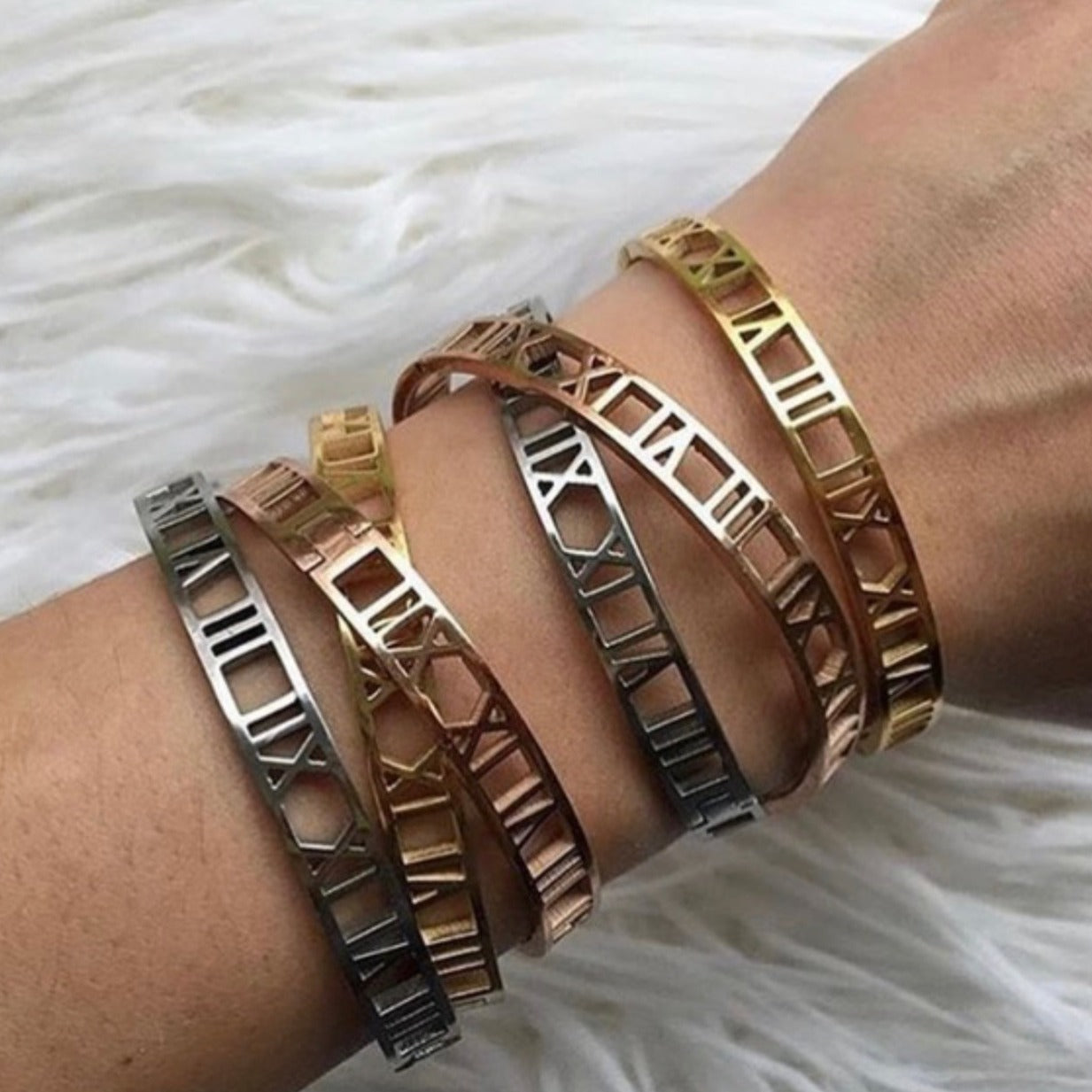 Carved Roman Numeral Bracelet Stack