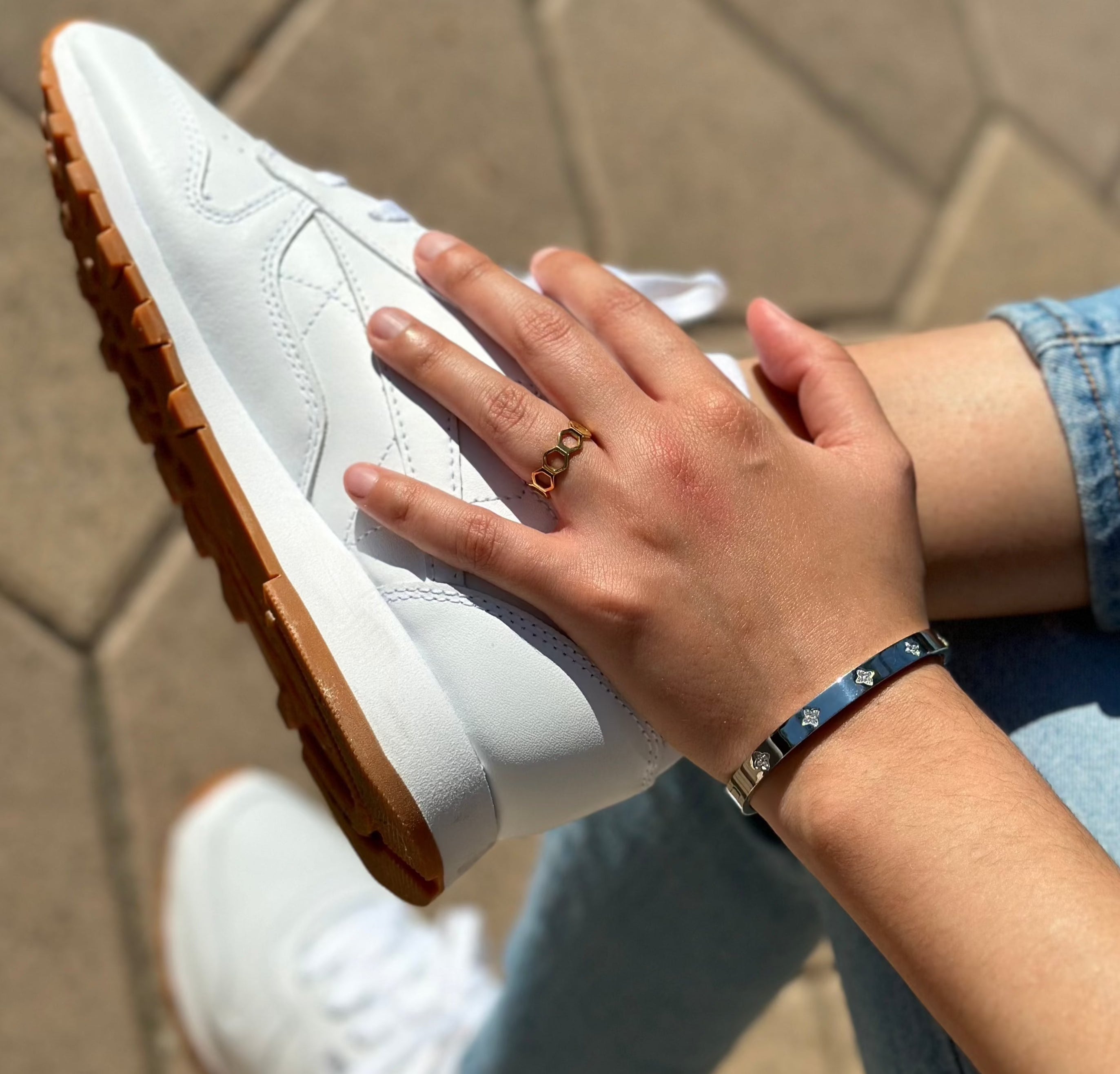 honeycomb ring paired with clover bracelet