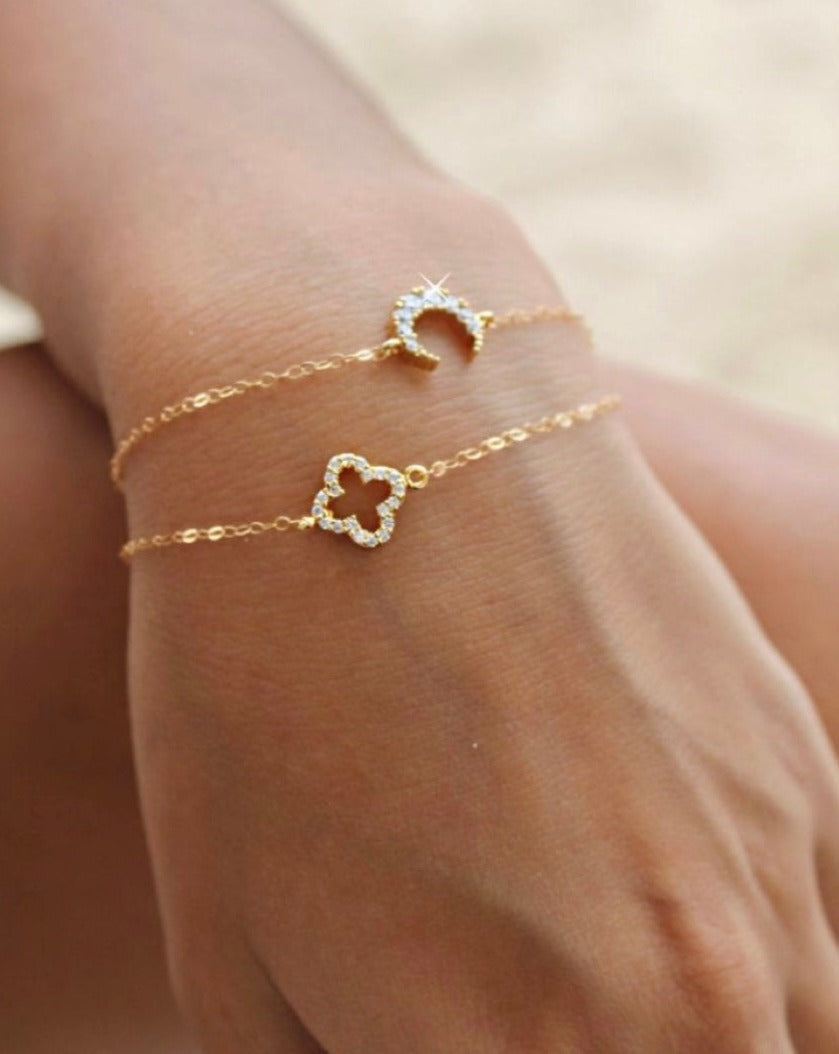 womens gold clover and moon chain bracelet set
