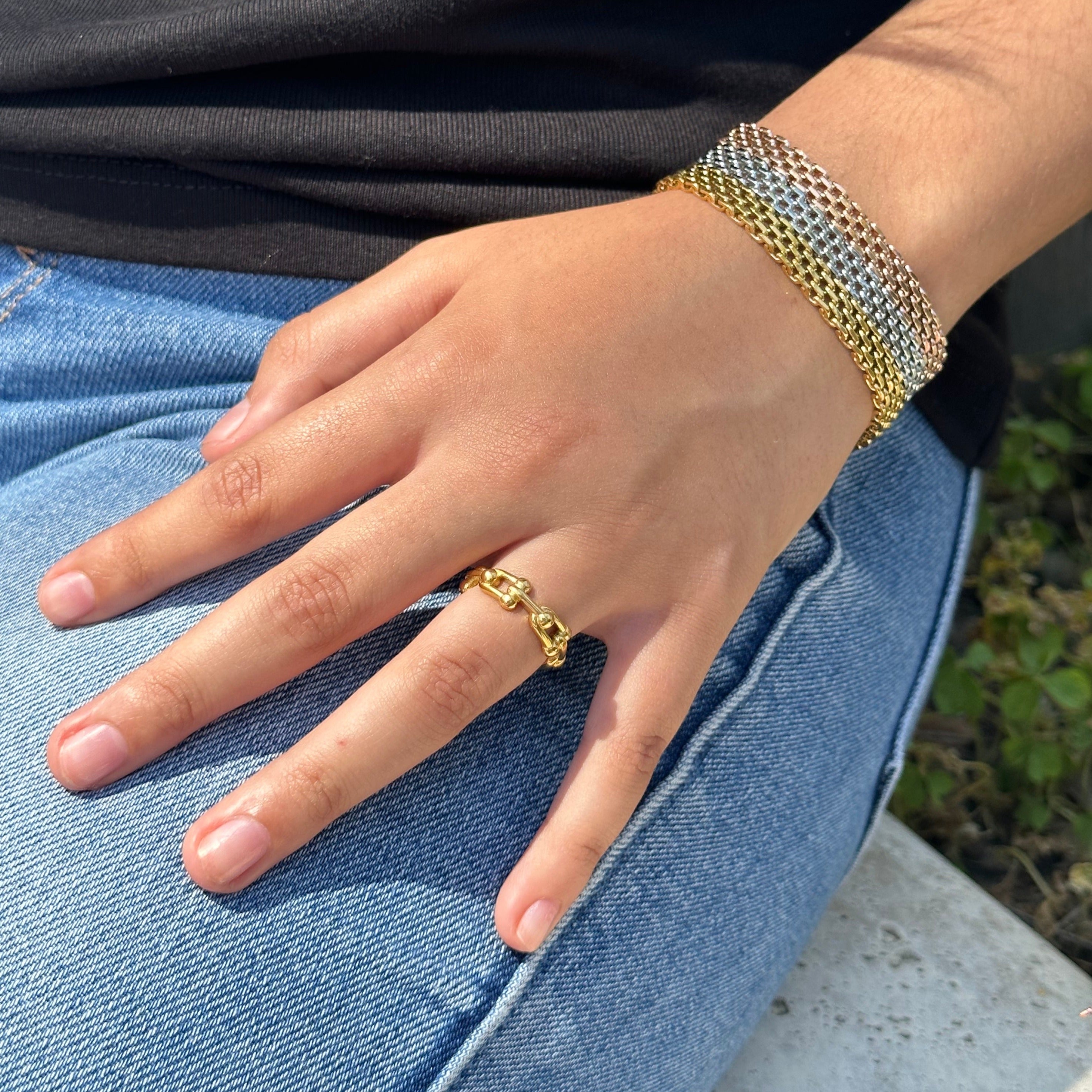 mesh bracelets in a 3 gold finishes