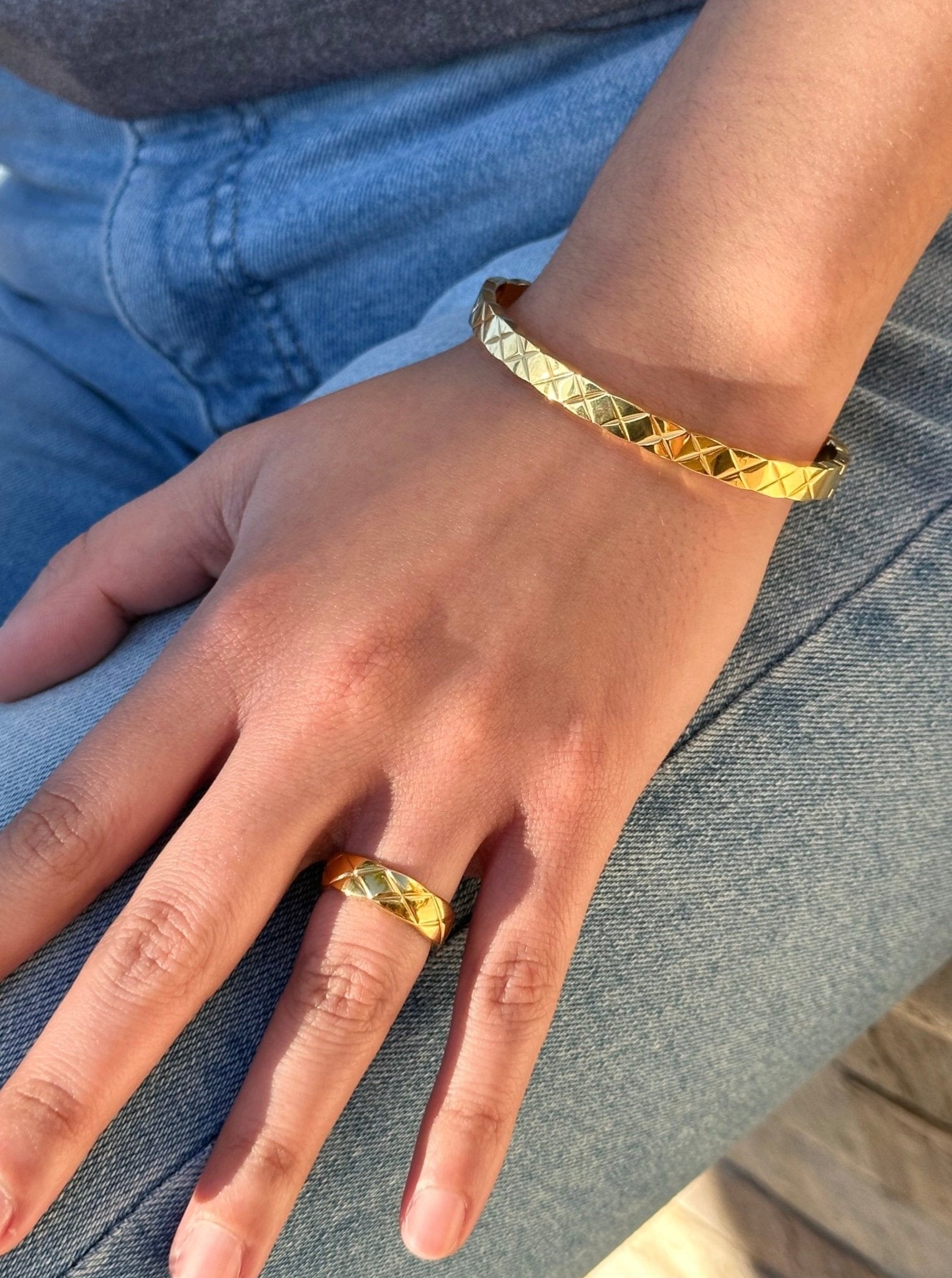 Women's Quilted X Motif Bracelet + Ring Set