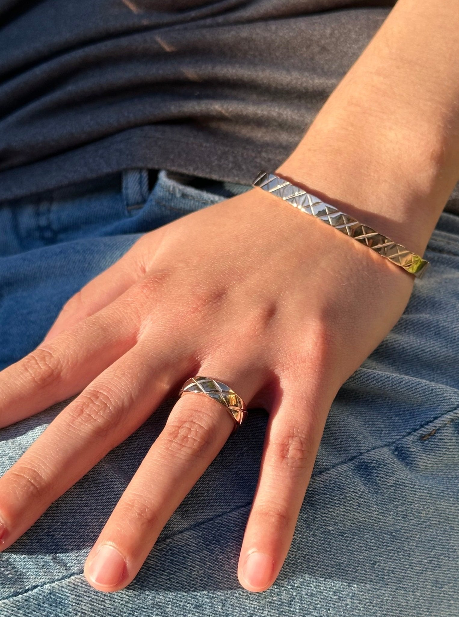 Women's Quilted X Motif Bracelet + Ring Set