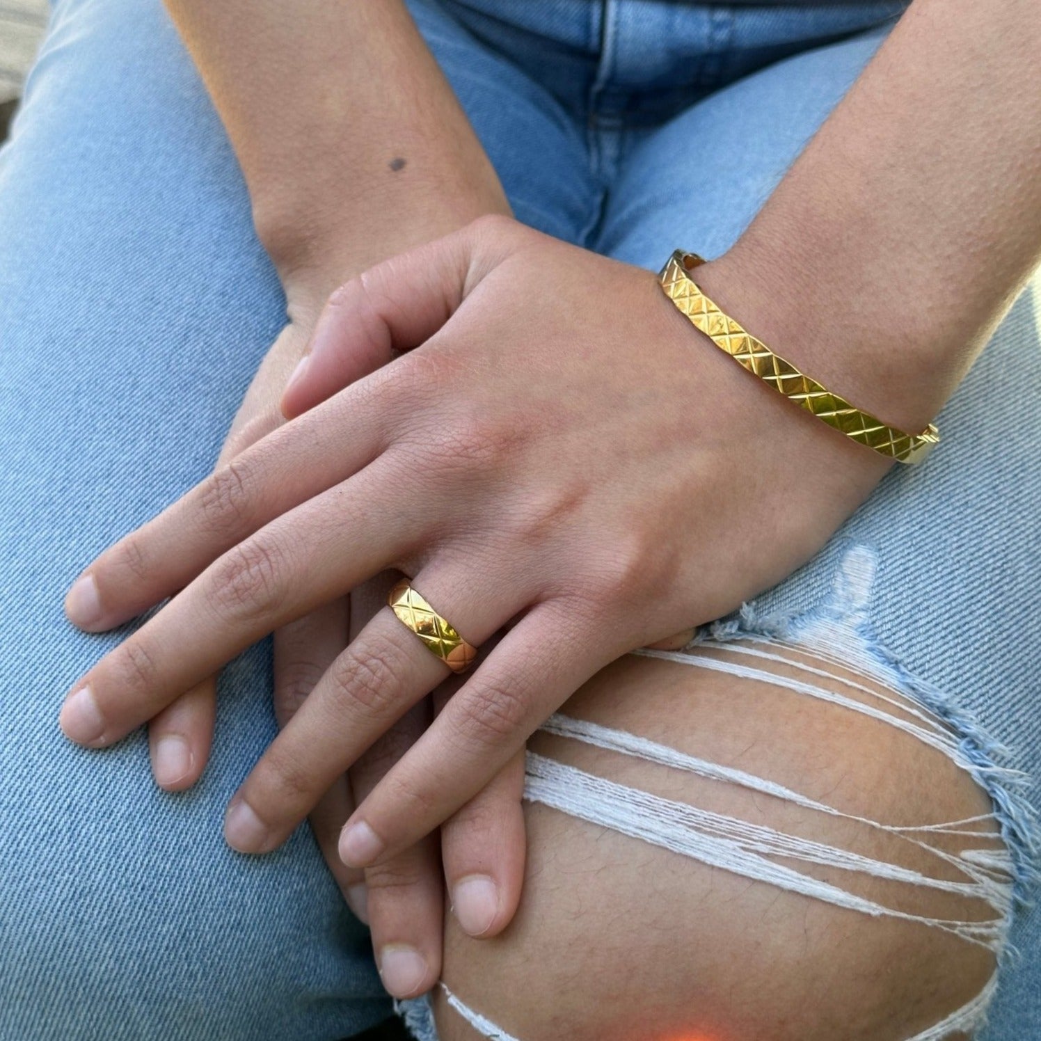 Women's Quilted X Motif Bracelet + Ring Set
