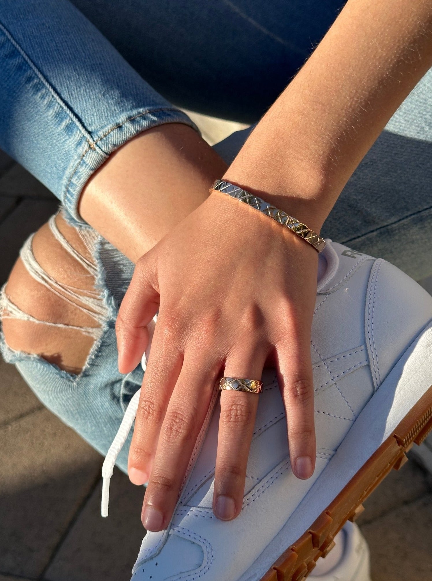 Women's Quilted X Motif Bracelet + Ring Set