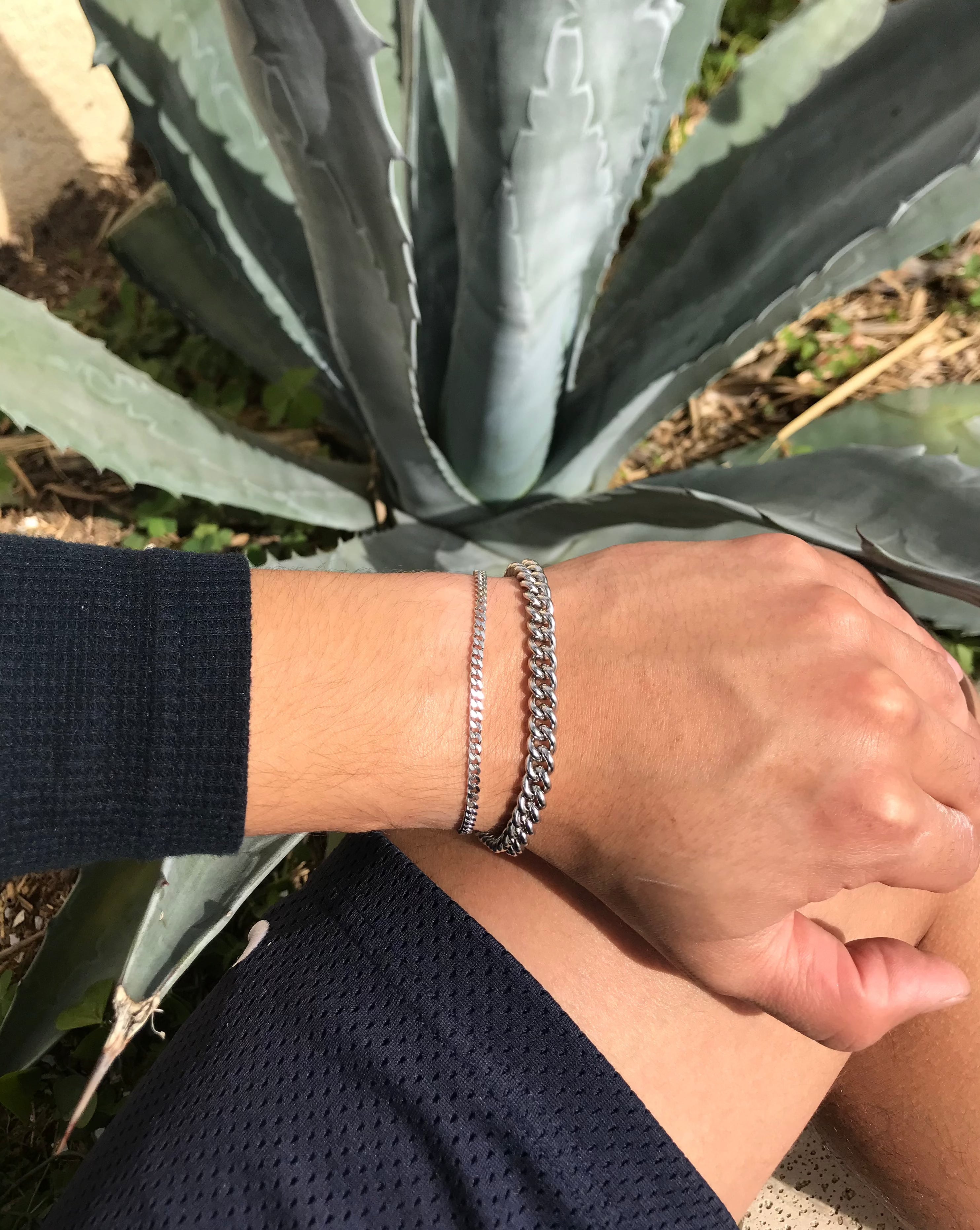 Mens Thin And Thick Silver Chain Bracelet Set