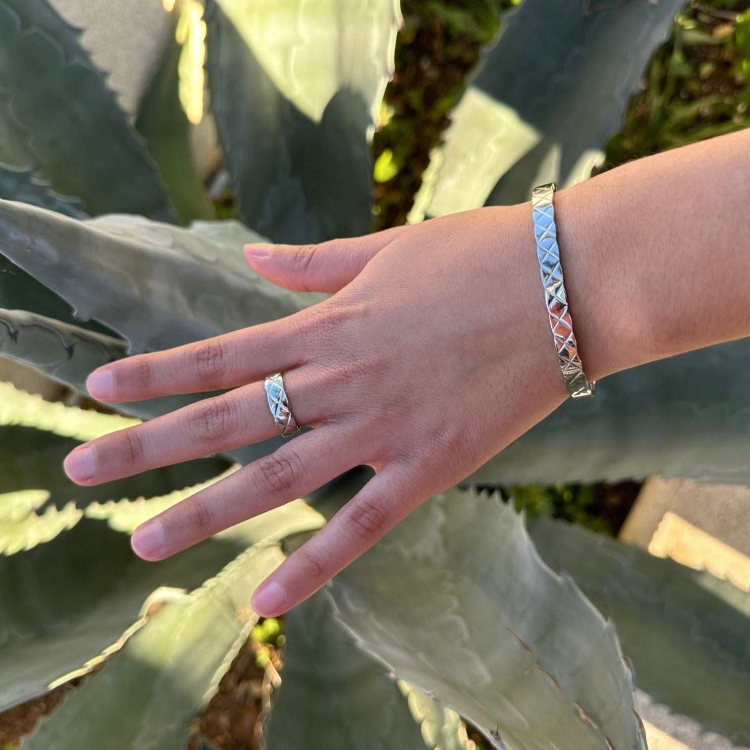 Women's Quilted X Motif Bracelet + Ring Set