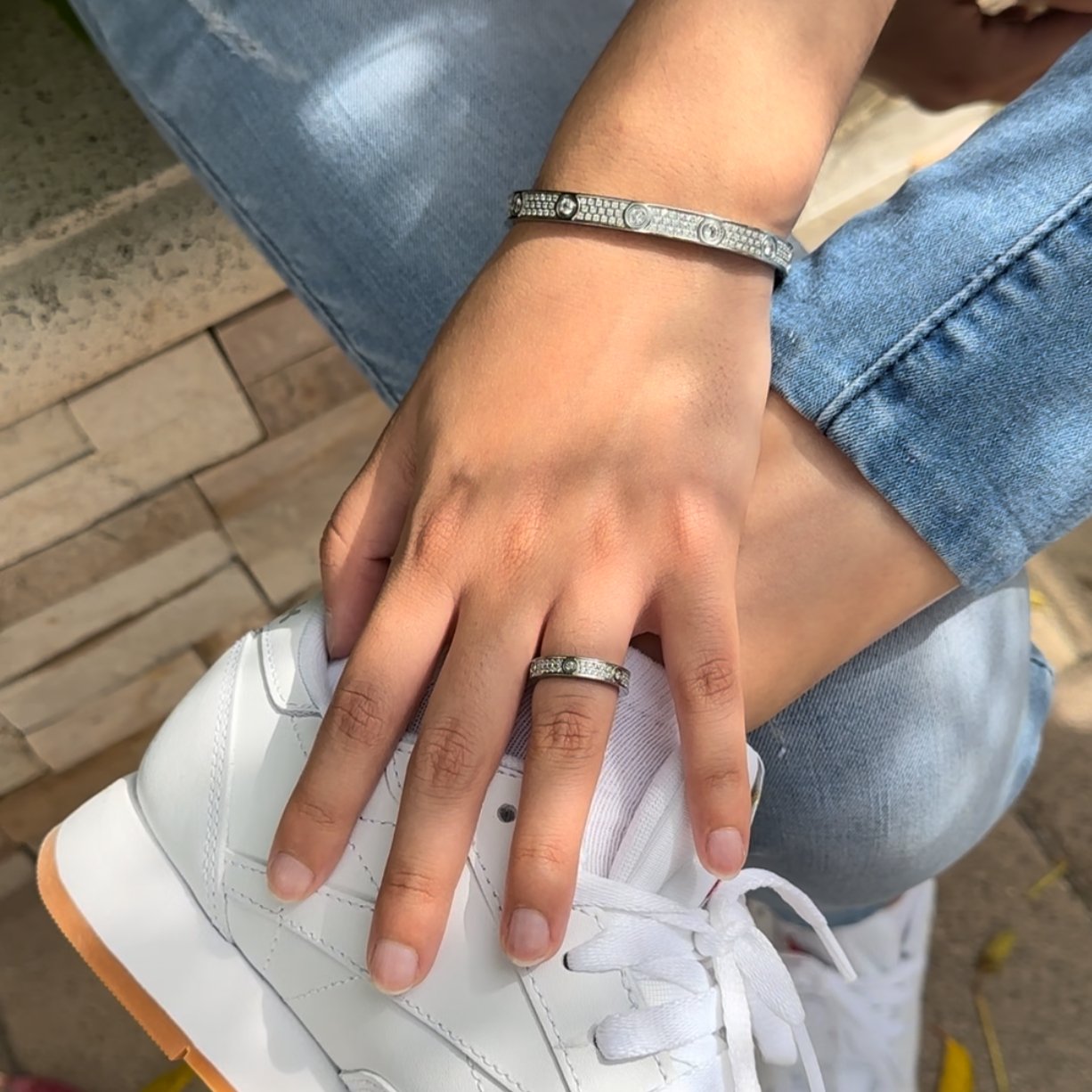 silver screw iced out love bracelet set