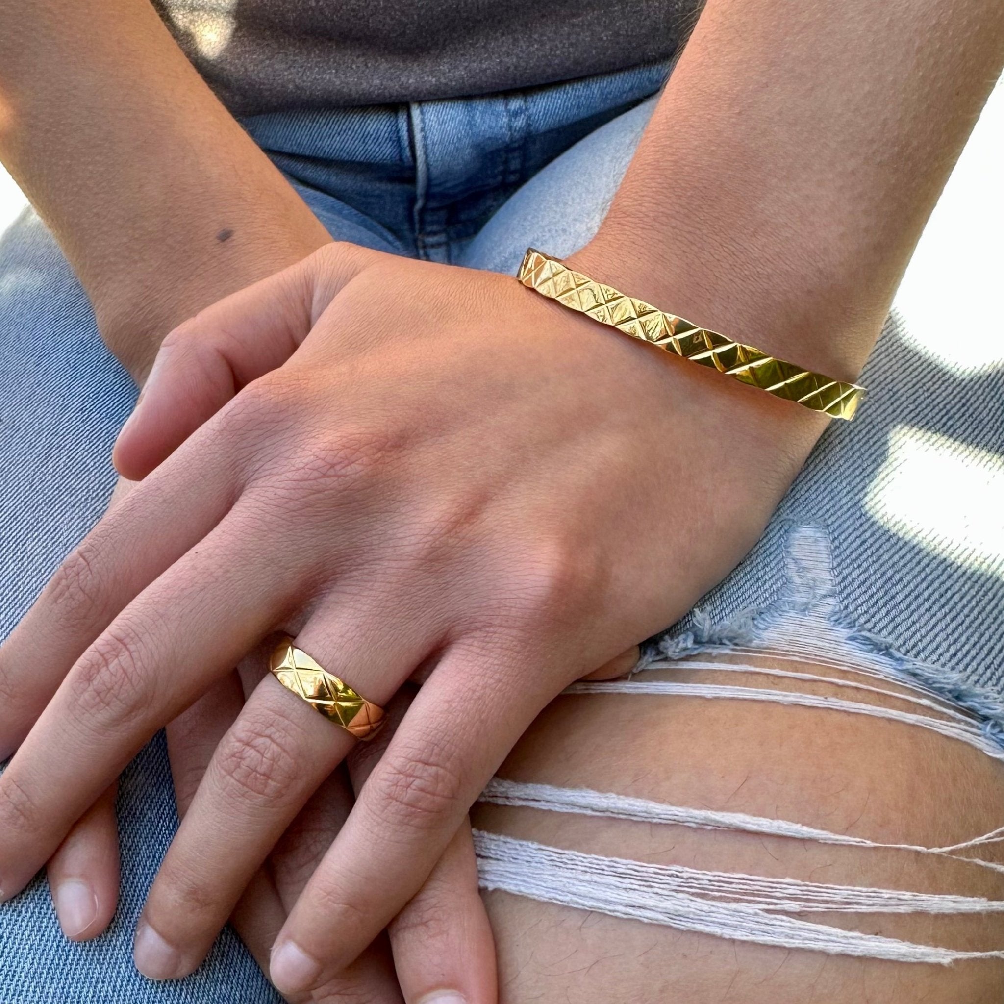 Women's Quilted X Motif Bracelet + Ring Set