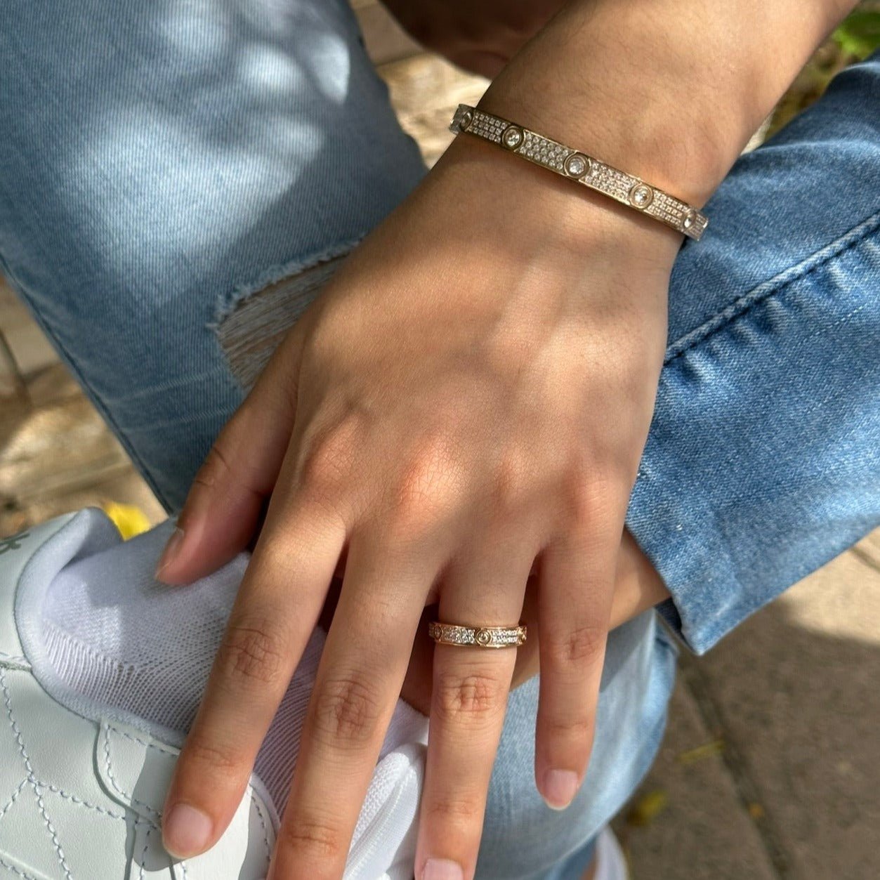 rose gold iced out screw bracelet ring set