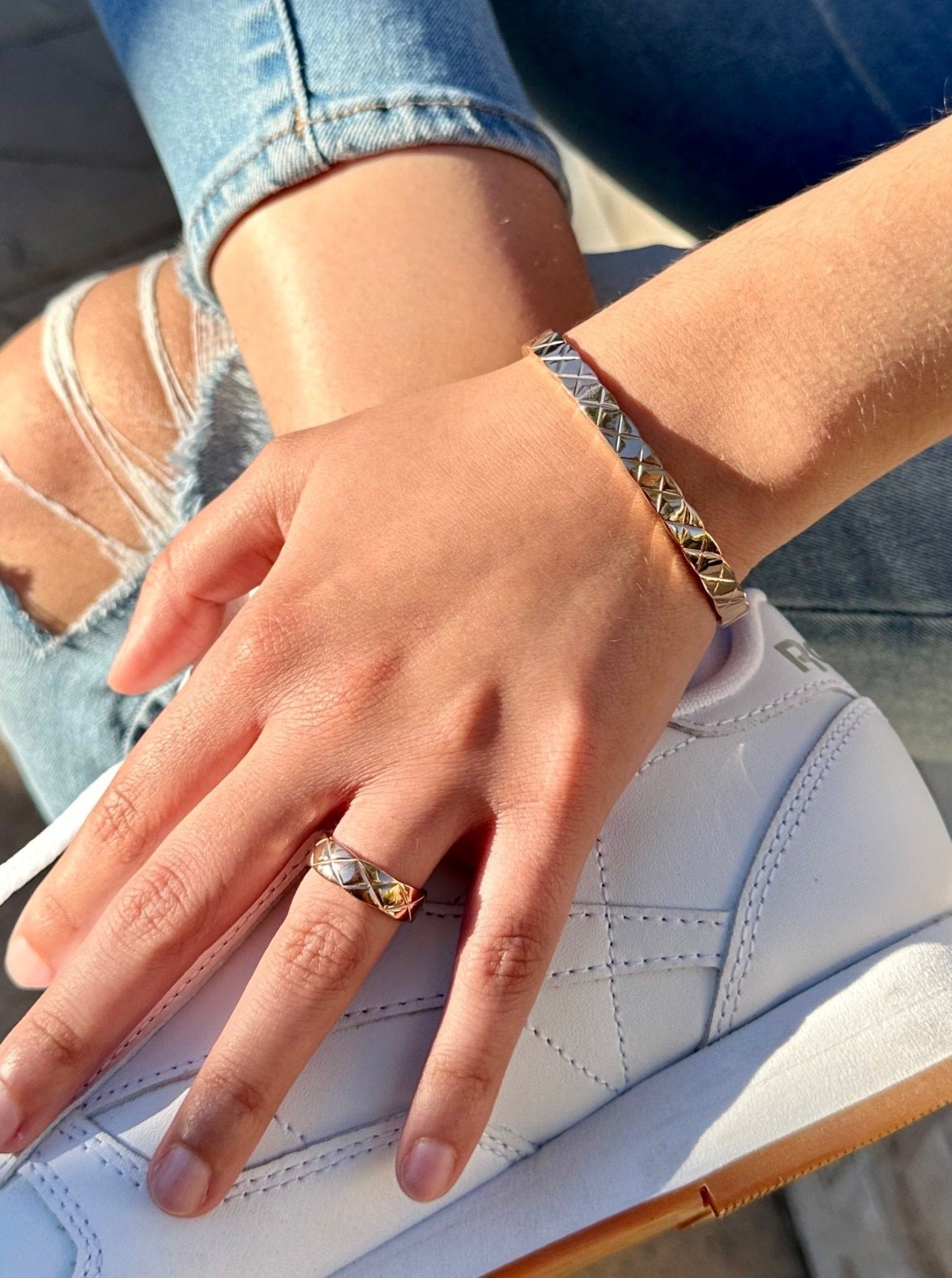 Women's Quilted X Motif Bracelet + Ring Set