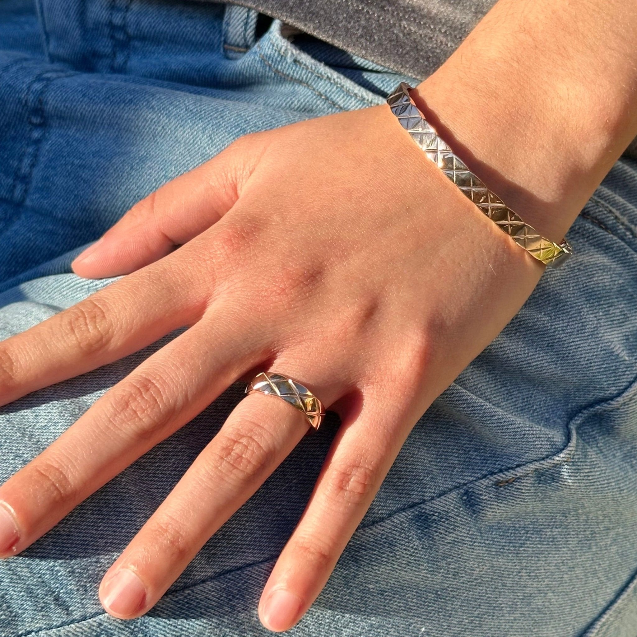 Women's Quilted X Motif Bracelet + Ring Set