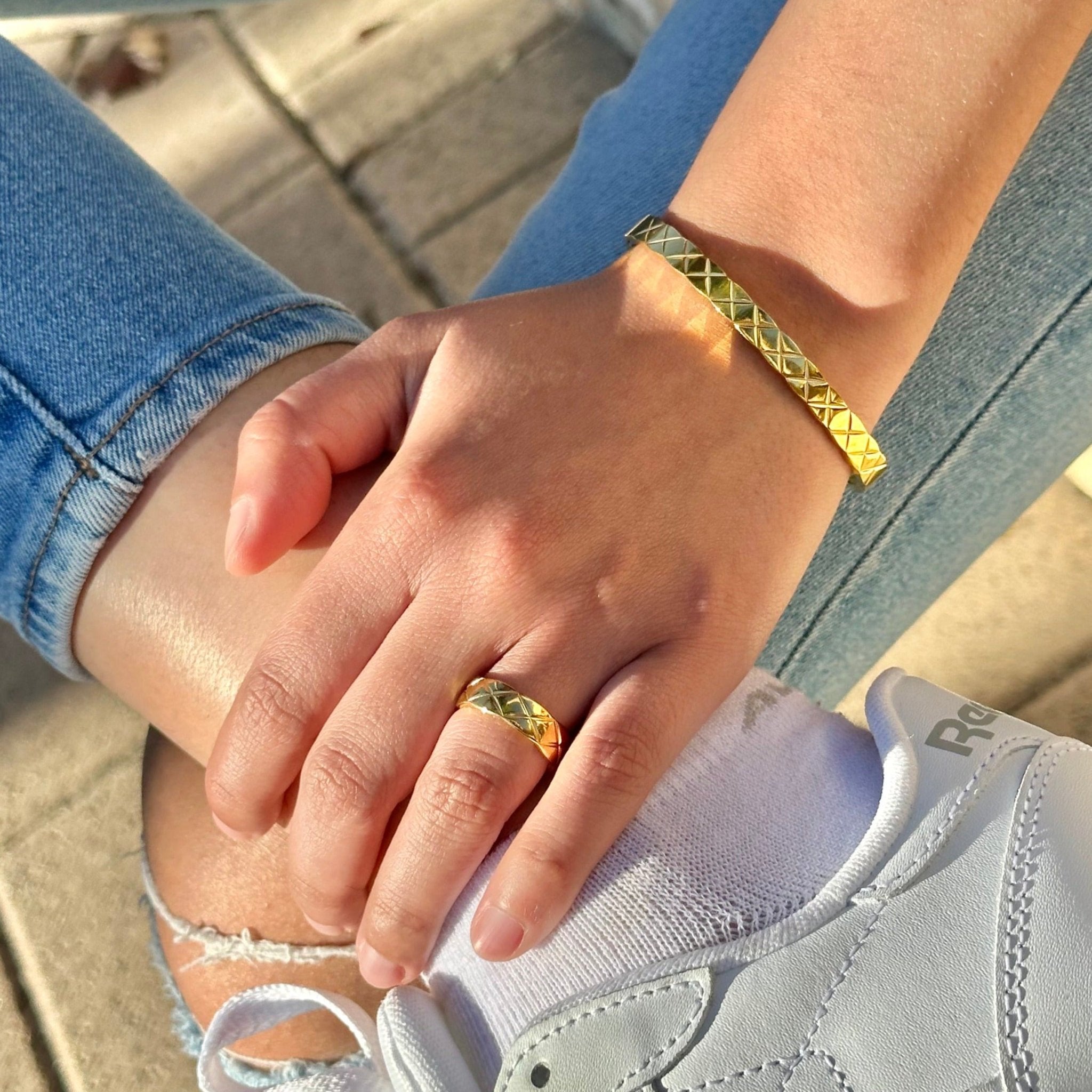 Women's Quilted X Motif Bracelet + Ring Set