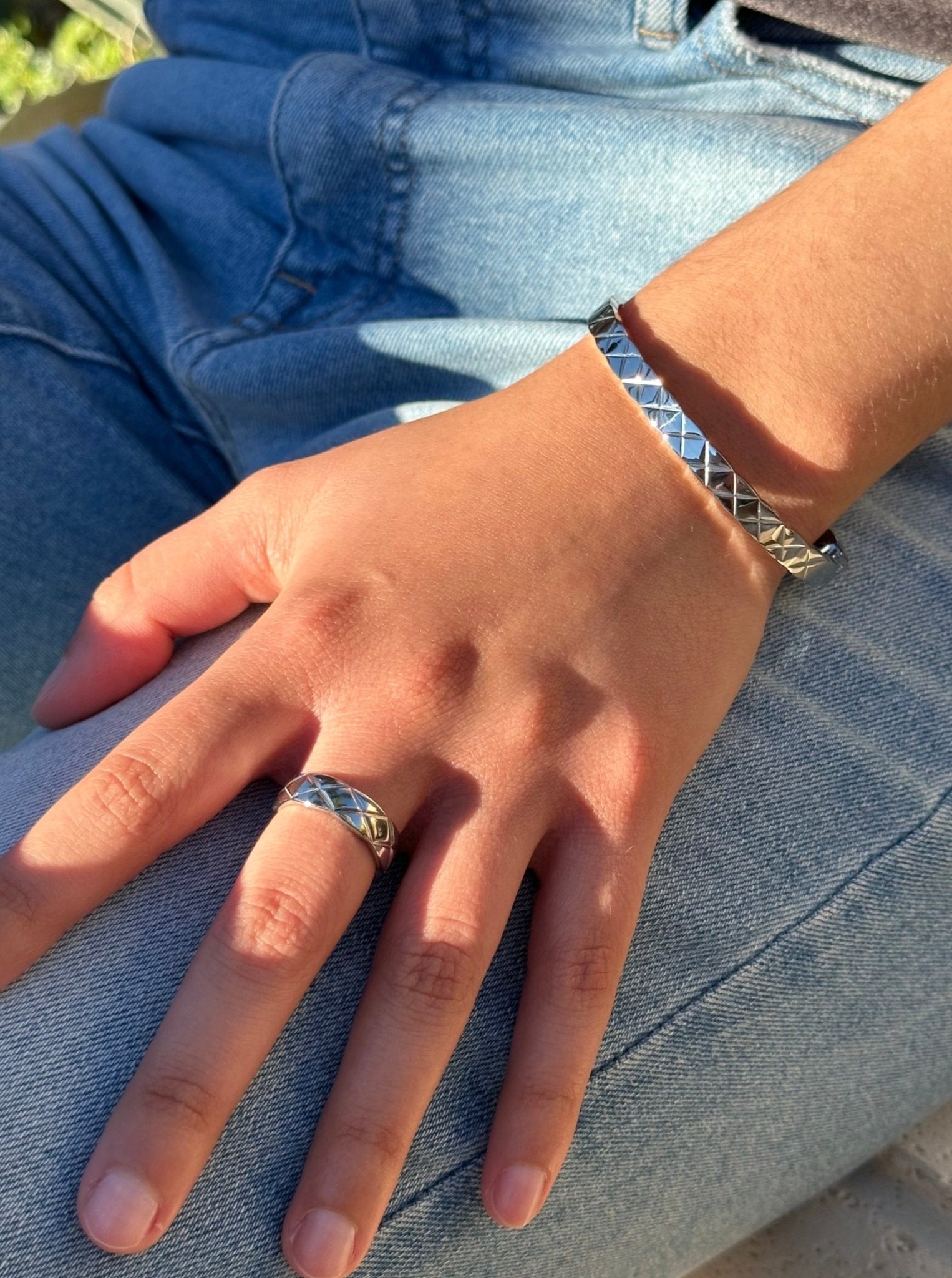 Women's Quilted X Motif Bracelet + Ring Set