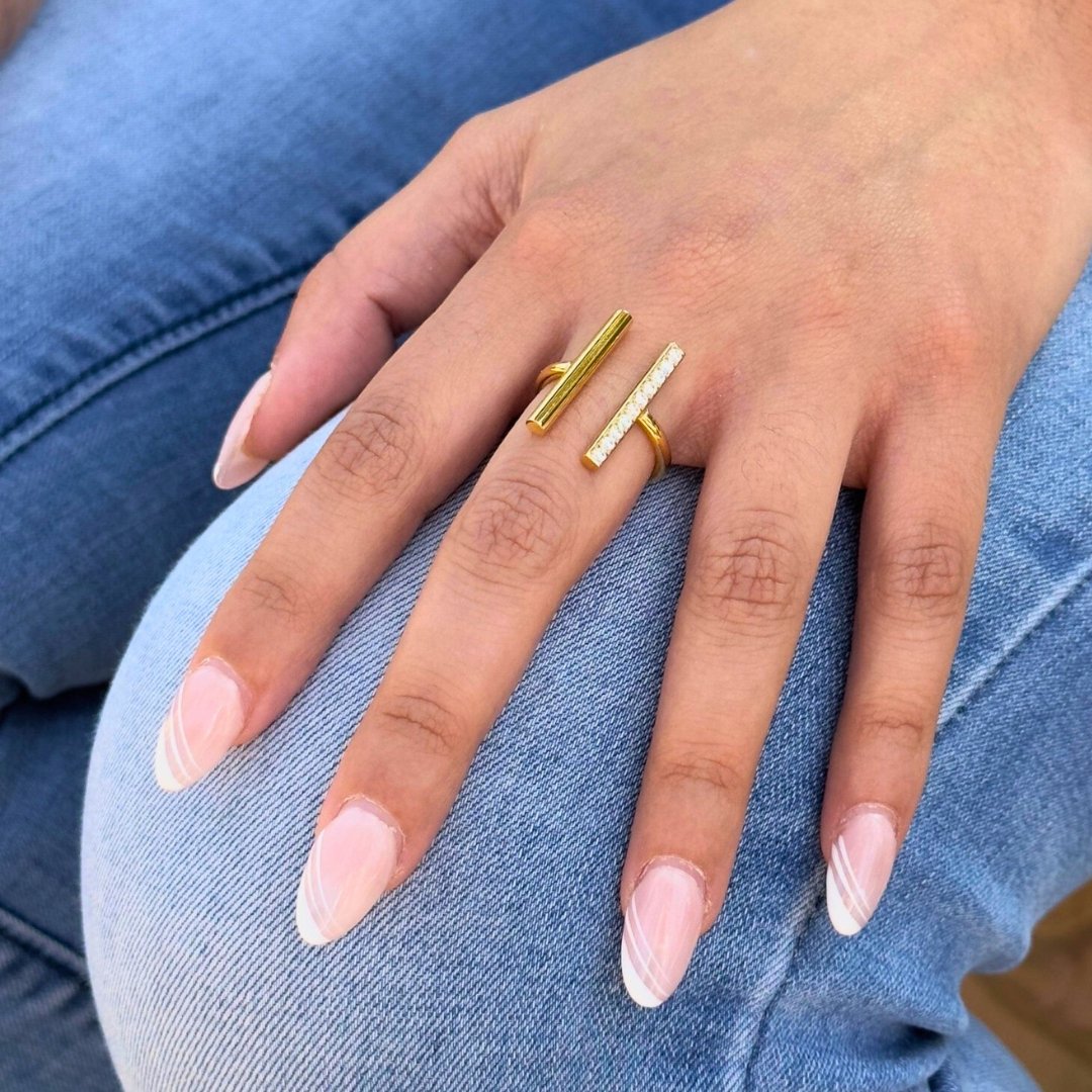 Anillo T de diamantes con barra doble - Plata / Oro