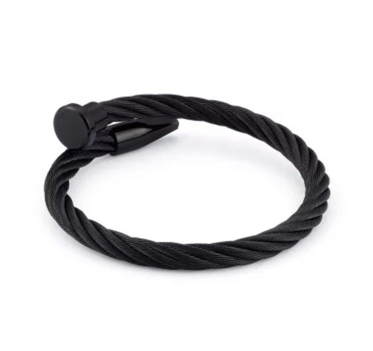 Mens Satin Black Cable Nail Bracelet Bangle