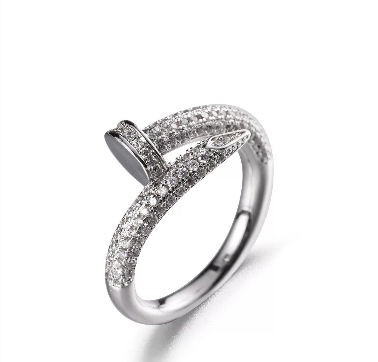 Silver Gem Encrusted Iced Out Nail Ring - Sterling Silver Rings