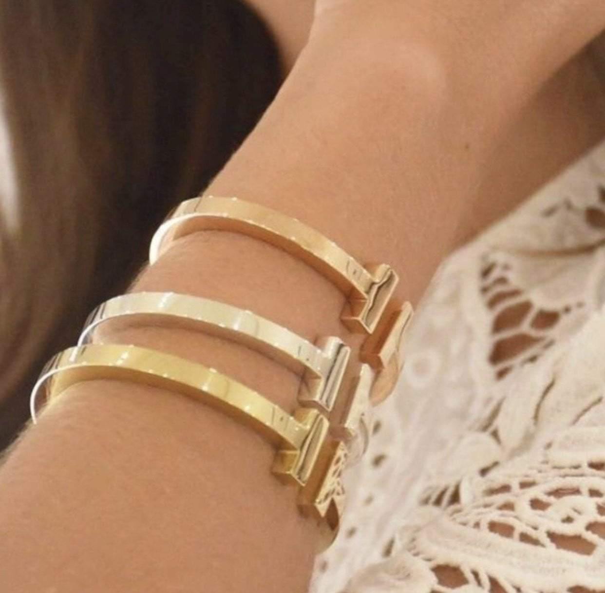 Set of gold t bracelet, silver t bracelet, rose gold t bracelet