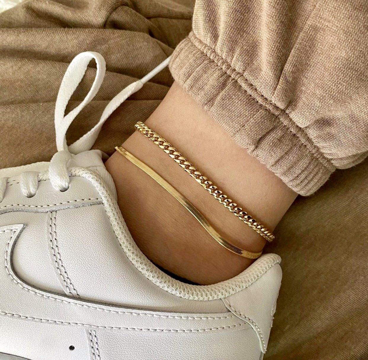 2pc Golden Bracelet Herringbone Anklet Curb Chain Bracelet Set