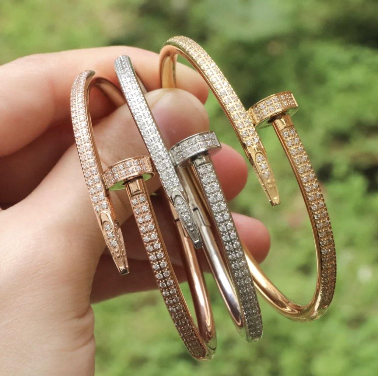 Set of 3 double row iced out gem encrusted rose gold, silver, gold nail bracelet