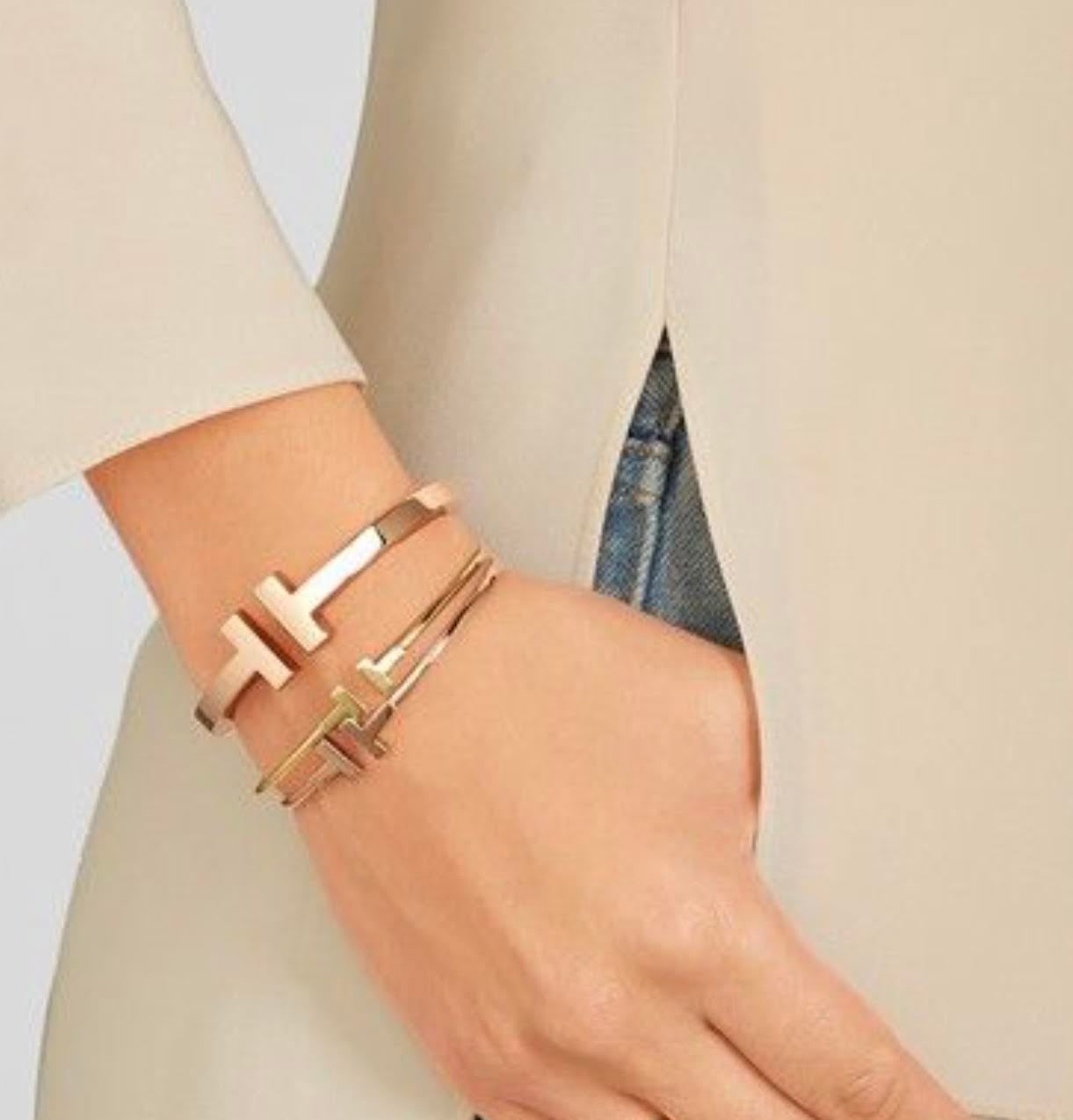 gold t bracelet layering style for women