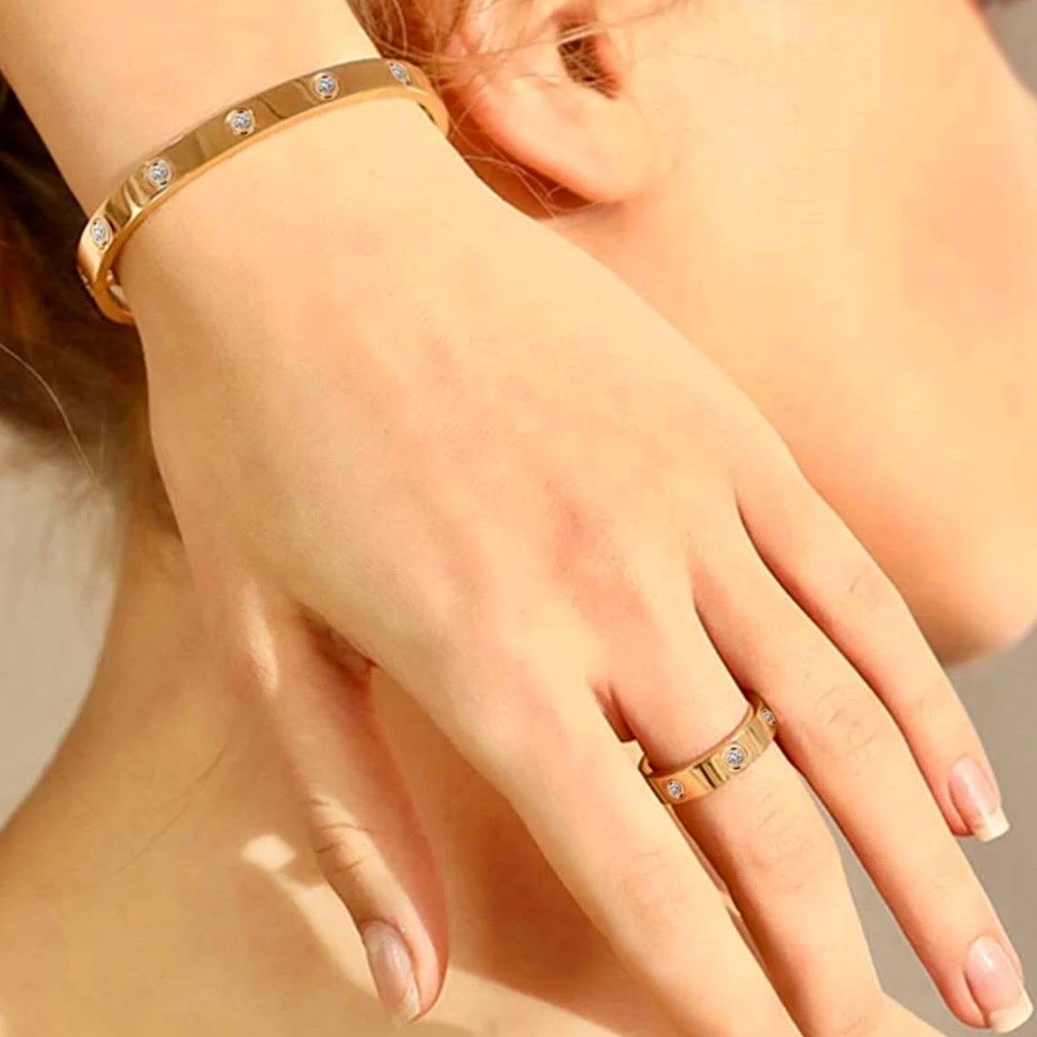 Gold Jewelry Set Screw Bracelet + Gold Encrusted Ring