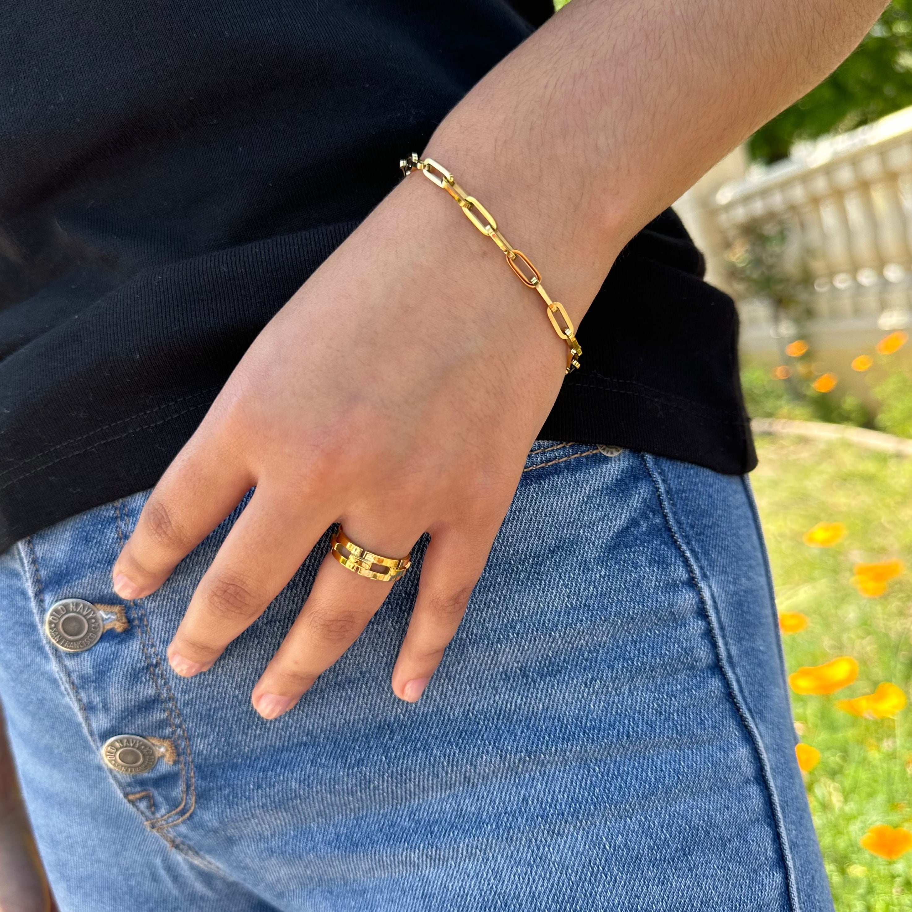 18k gold h ring paperclip chain bracelet set