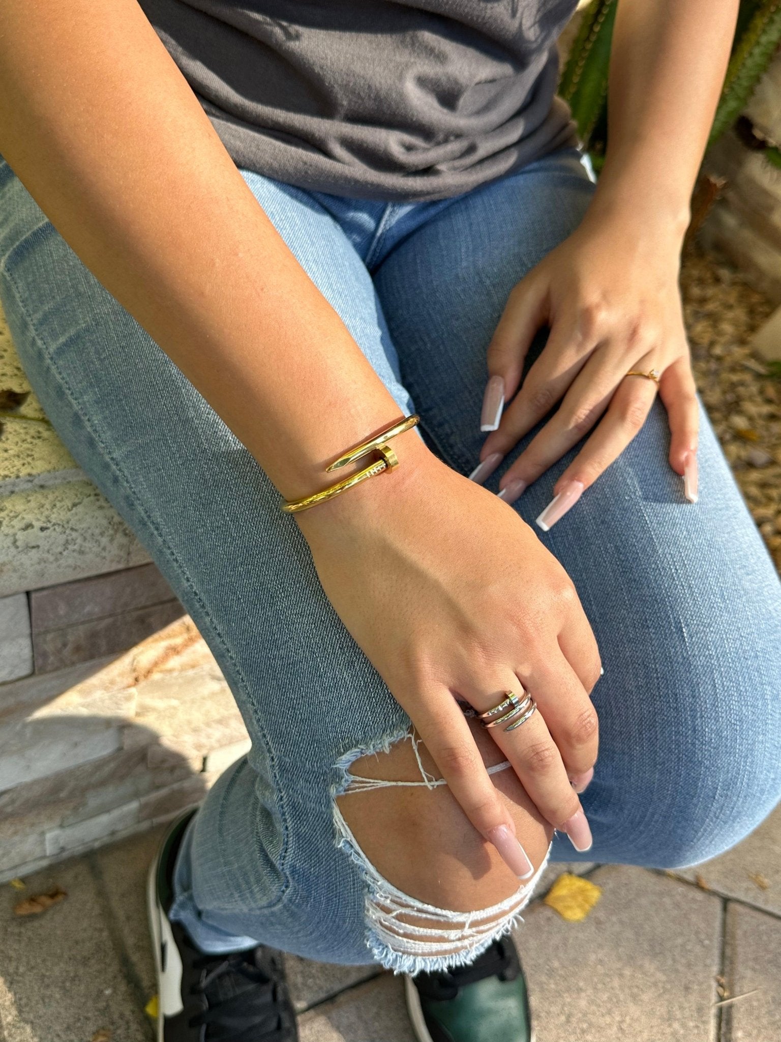 womens gold nail bracelet ring set