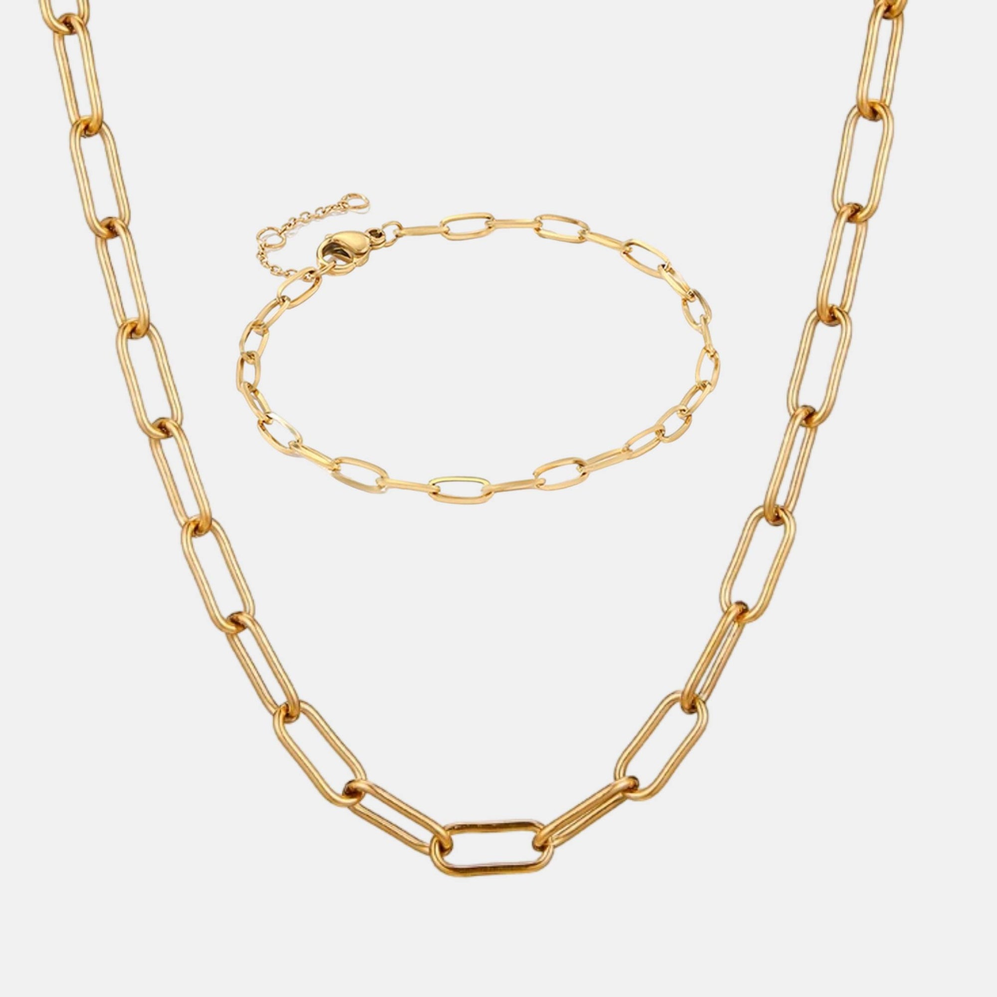 18k Gold Paperclip Jewelry Set - Paperclip Chain Bracelet + Gold ...