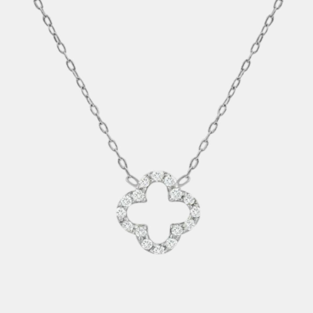 Silver Flower 4-Leaf Clover Pave CZ White Gold Plated Pendant Necklace, 18 Inch
