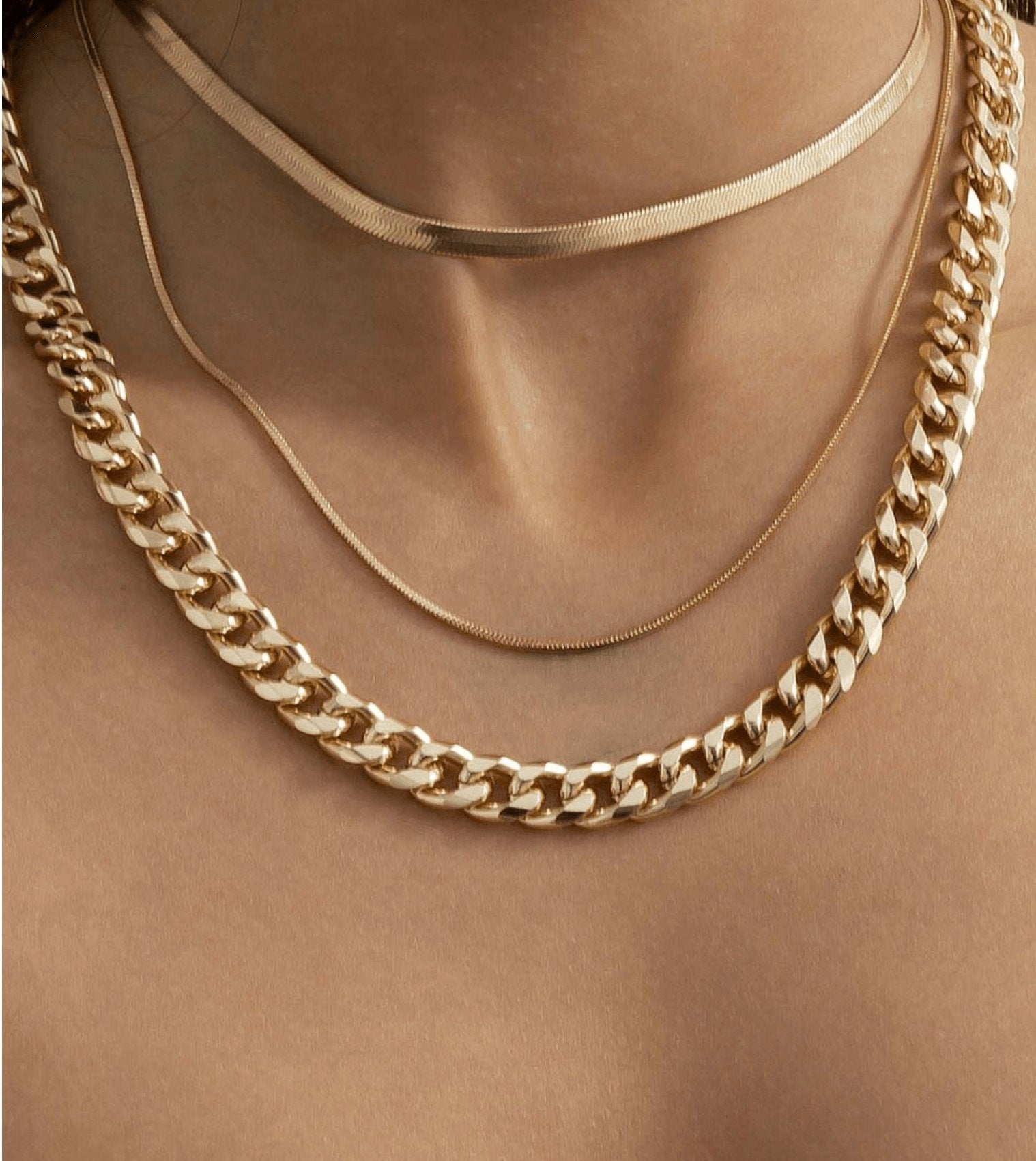 womens chain layering thick gold cuban link choker with 1oak snake chain