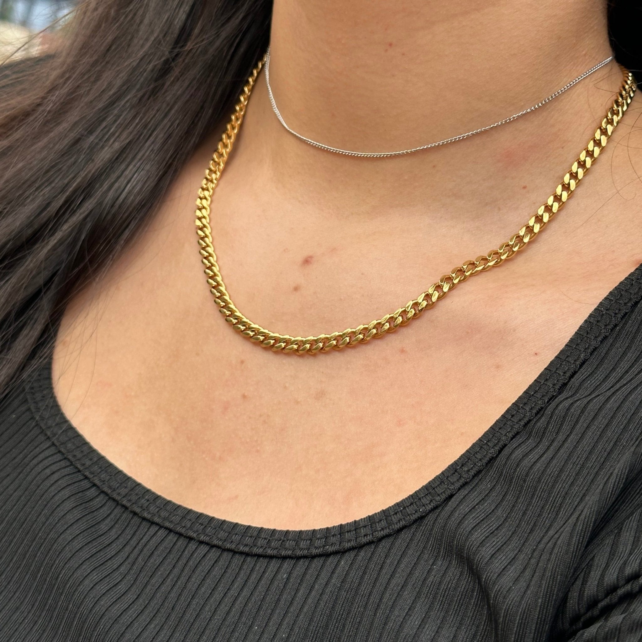 dainty thin silver choker and 5mm gold curb necklace