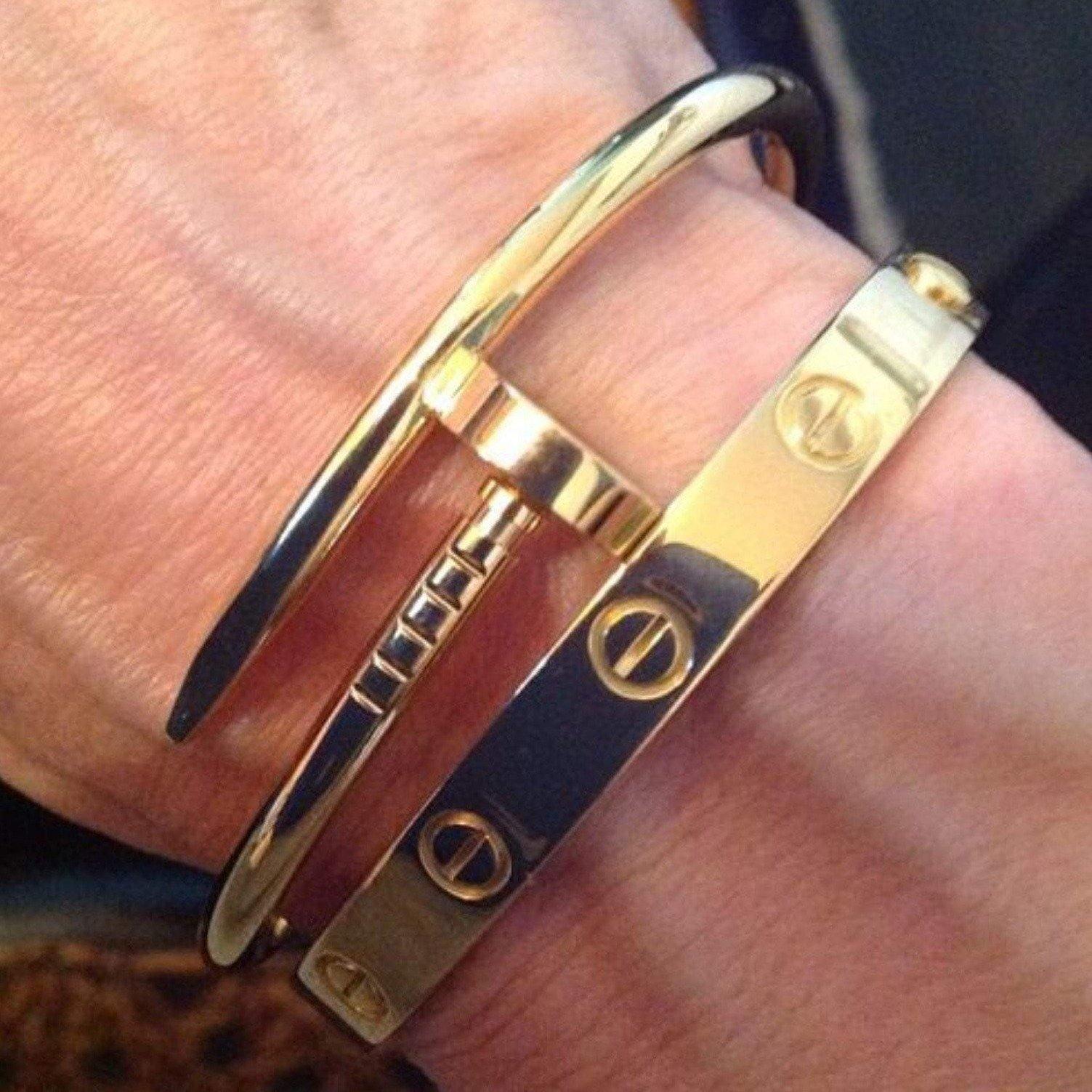 mens gold nail bracelet and gold love bracelet set