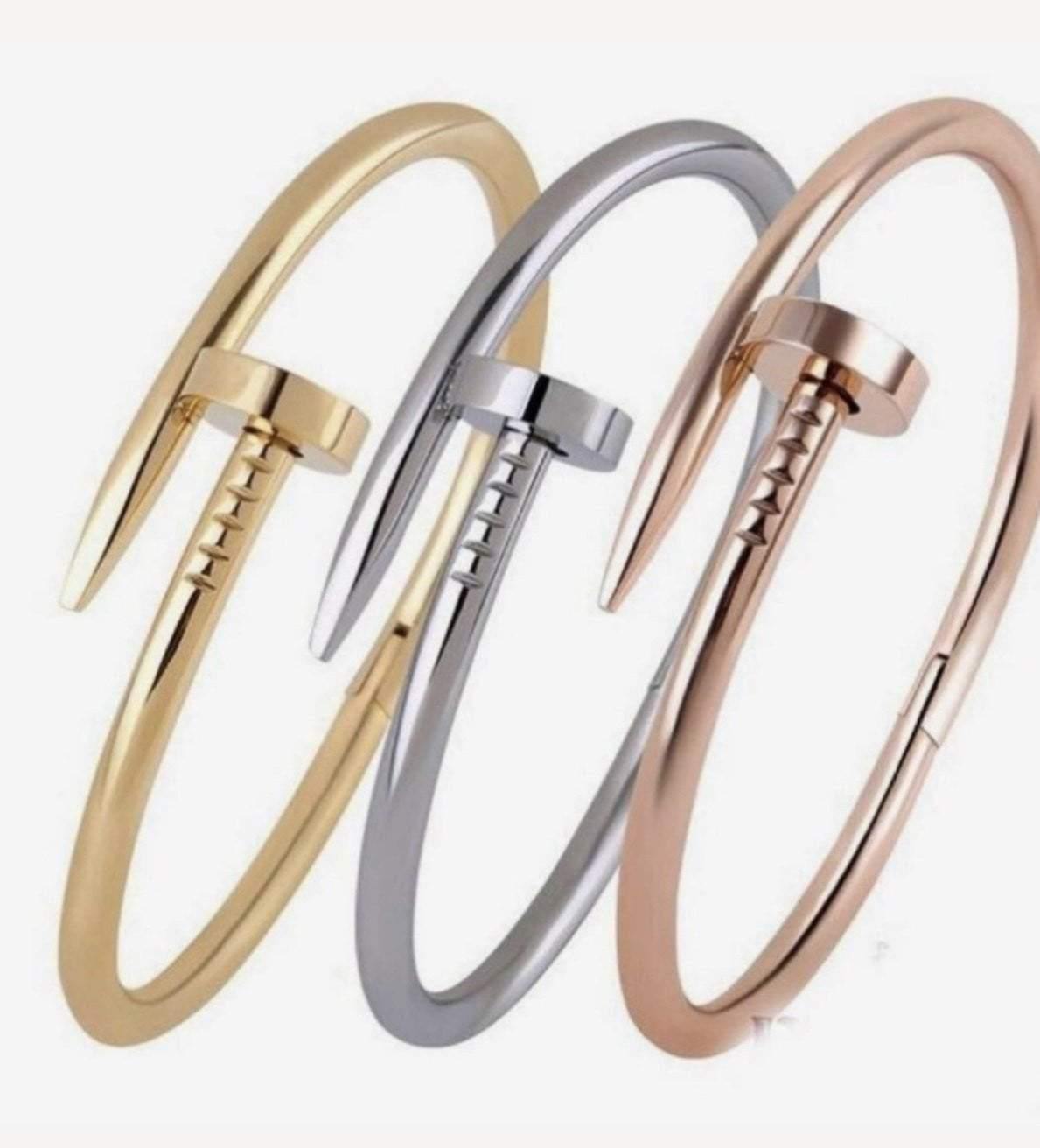 Set Of 3 Silver, Gold, or Rose Gold Nail Cuff On Screw Bracelet Nail Bangle