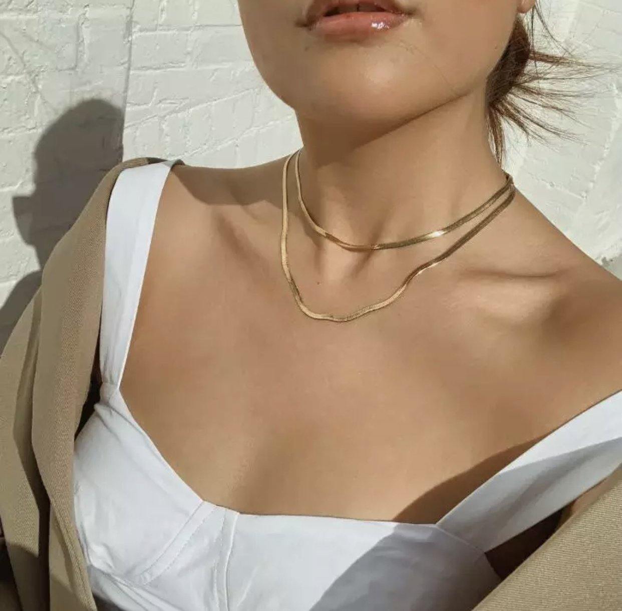 snake chains flat chain necklace flat chain herringbone layered necklace